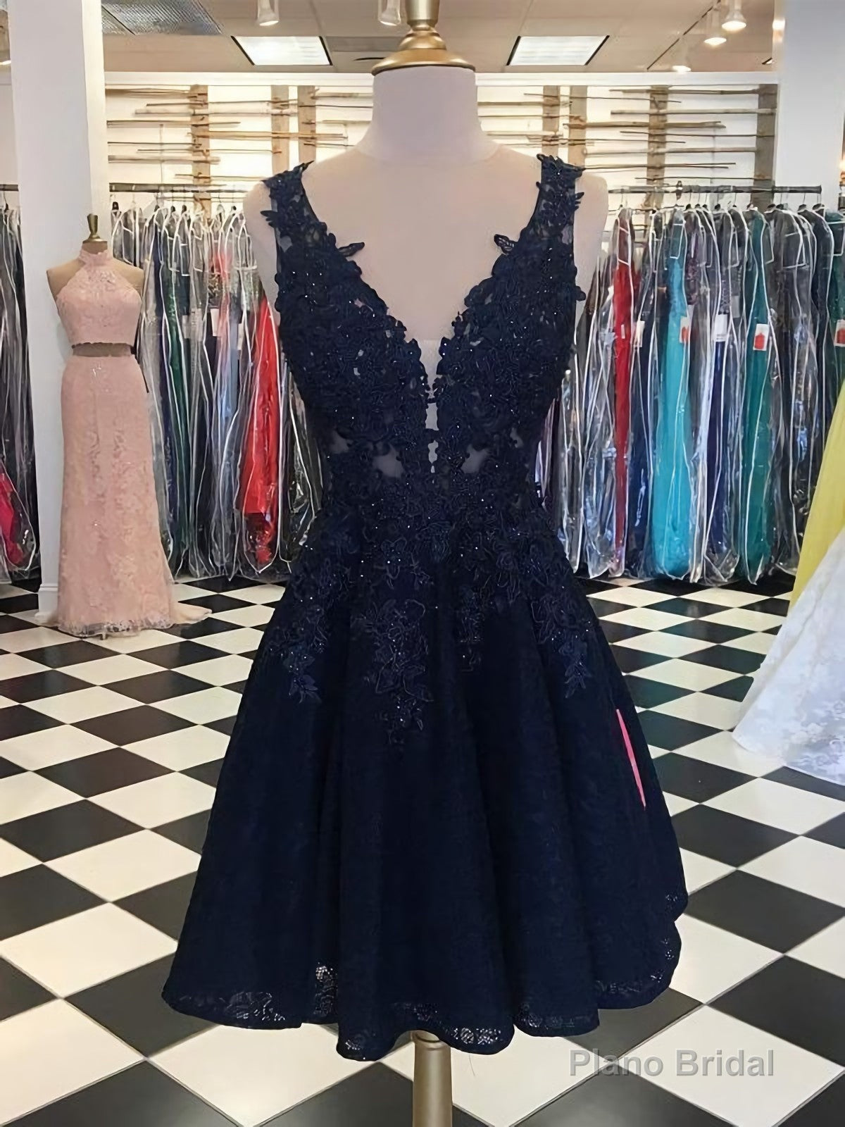 Dark Navy Lace Beading Sleeveless Illusion Homecoming Dresses