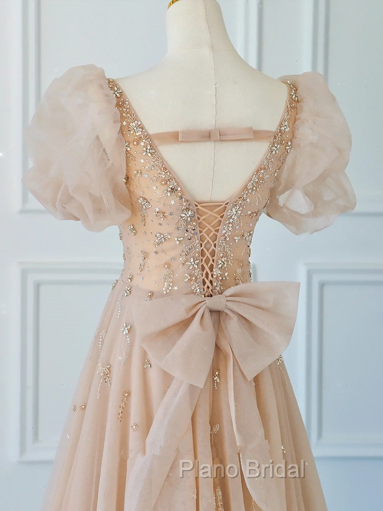 Chamapgne Beaded Short Sleeves Tulle A-line Formal Prom Dresses, Champagne Party Dresses