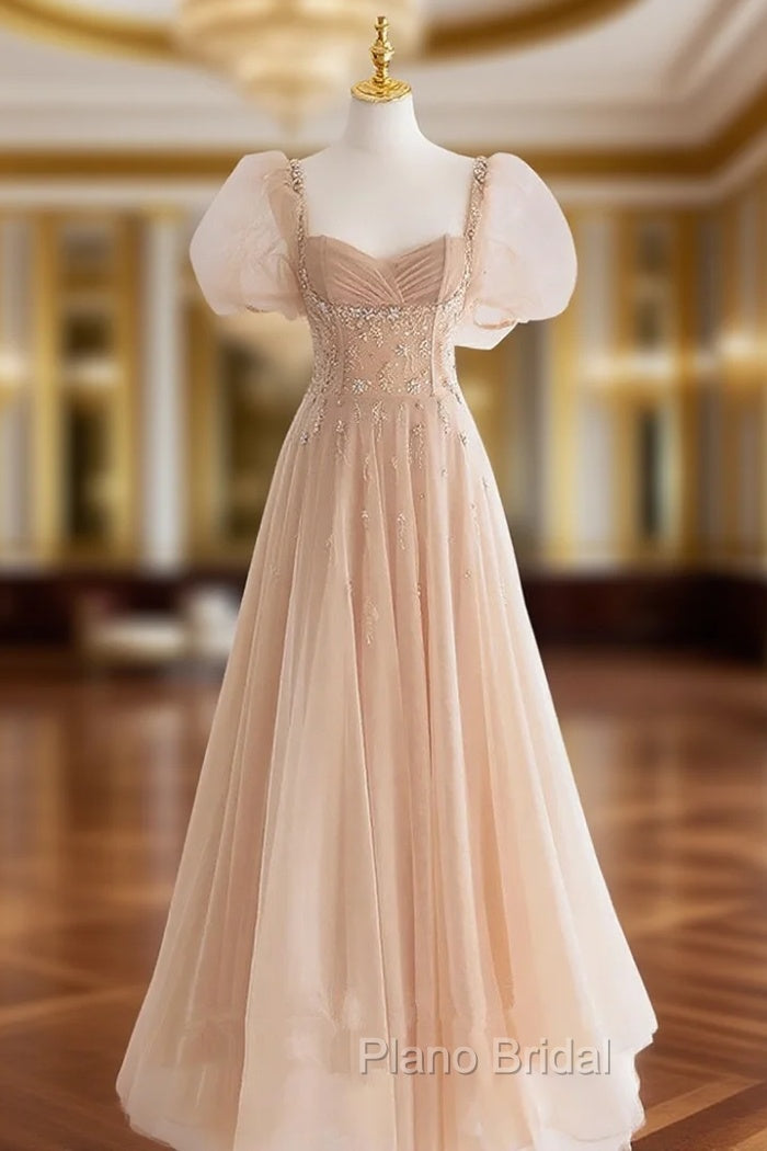 Chamapgne Beaded Short Sleeves Tulle A-line Formal Prom Dresses, Champagne Party Dresses Main image