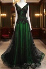 Chaming Black And Green Tulle V-Neckline Long Party Dresses, Beautiful V-Neckline Formal Prom Dresses