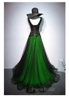 Chaming Black and Green Tulle V-neckline Long Party Dresses, V-neckline Formal Prom Dresses
