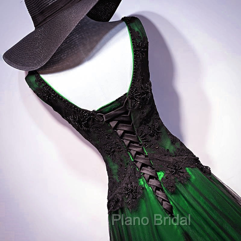 Chaming Black and Green Tulle V-neckline Long Party Dresses, V-neckline Formal Prom Dresses