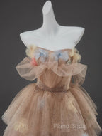 Champagne A-Line Off Shoulder Tulle Sequin Long Ball Dresses Cute Layered Dresses