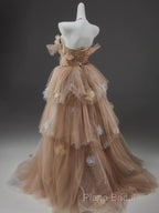 Champagne A-Line Off Shoulder Tulle Sequin Long Ball Dresses Cute Layered Dresses