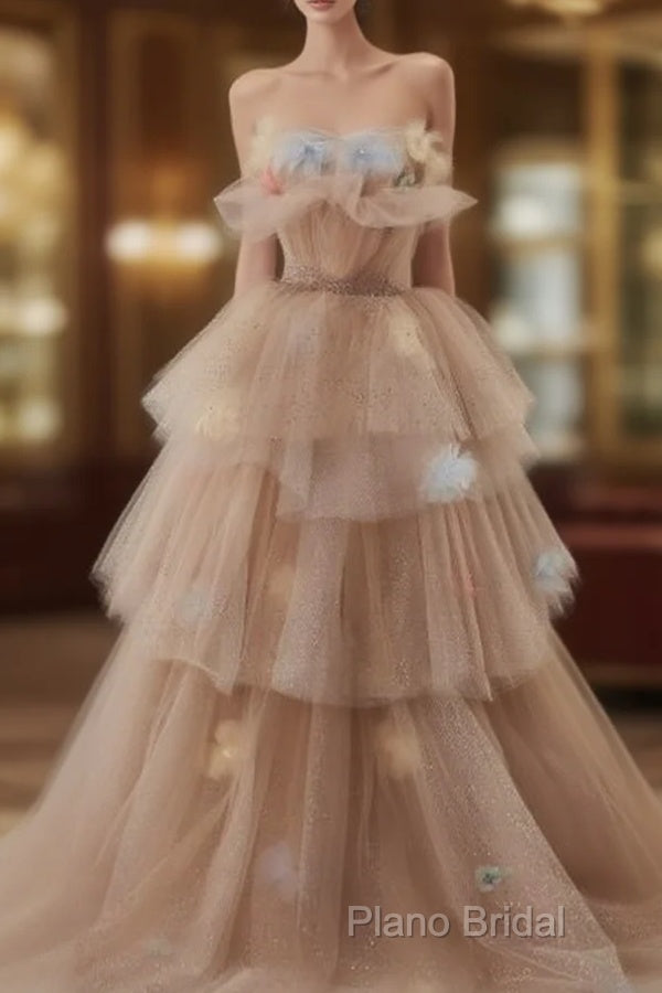 Champagne A-Line Off Shoulder Tulle Sequin Long Ball Dresses Cute Layered Dresses