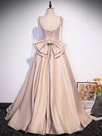 Champagne A-Line Satin Long Formal Prom Dresses, Champagne Evening Dresses