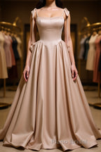 Champagne A-Line Satin Long Formal Prom Dress, Champagne Formal Evening Dress