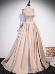 Champagne A-Line Satin Long Formal Prom Dress, Champagne Formal Evening Dress