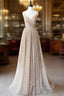 Champagne A Line Spaghetti Strap Sequins Long Formal Prom Dresses Evening Dresses
