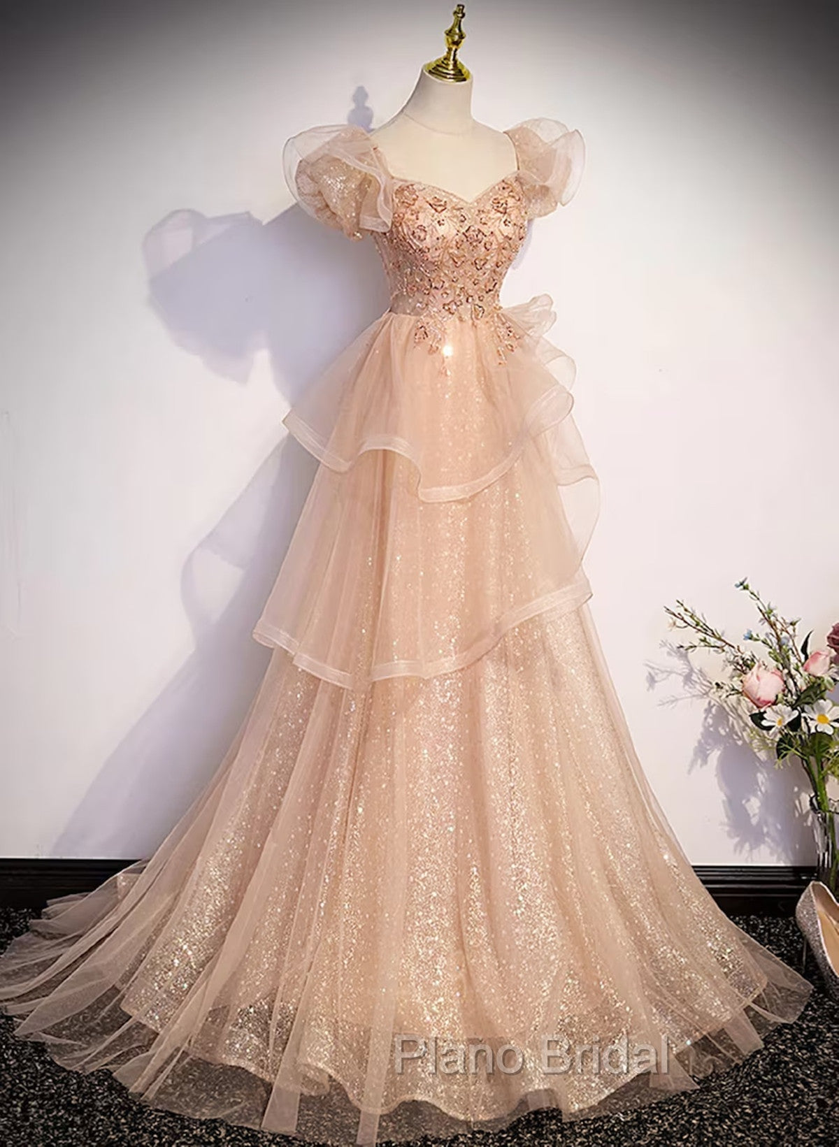 Champagne A-Line Tulle BeadedLong Formal Prom Dresses, Champagne Formal Dresses Secondary image