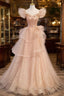 Champagne A-Line Tulle BeadedLong Formal Prom Dresses, Champagne Formal Dresses