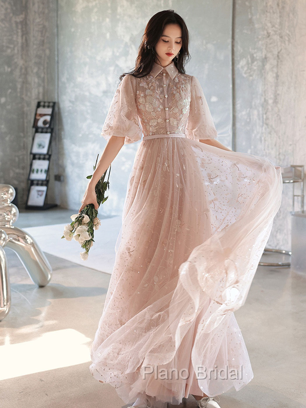 Champagne A-Line Tulle Lace Long Formal Prom Dresses, Champagne Formal Dresses Secondary image