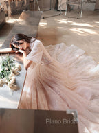 Champagne A-Line Tulle Lace Long Formal Prom Dresses, Champagne Formal Dresses