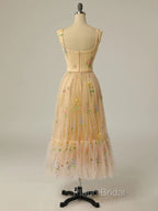 Champagne A Line Tulle Lace Tea Length Formal Prom Dresses, Champagne Evening Dresses