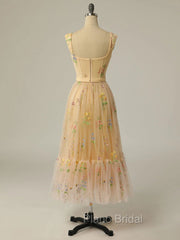 Champagne A Line Tulle Lace Tea Length Formal Prom Dresses, Champagne Evening Dresses