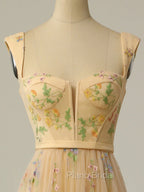 Champagne A Line Tulle Lace Tea Length Formal Prom Dresses, Champagne Evening Dresses