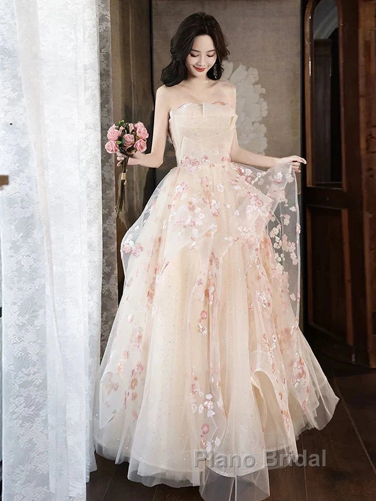 Champagne A-Line Tulle Sequins Long Formal Prom Dresses Embroidery Applique Formal Evening Dresses Secondary image