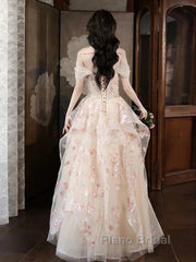 Champagne A-Line Tulle Sequins Long Formal Prom Dresses Embroidery Applique Formal Evening Dresses