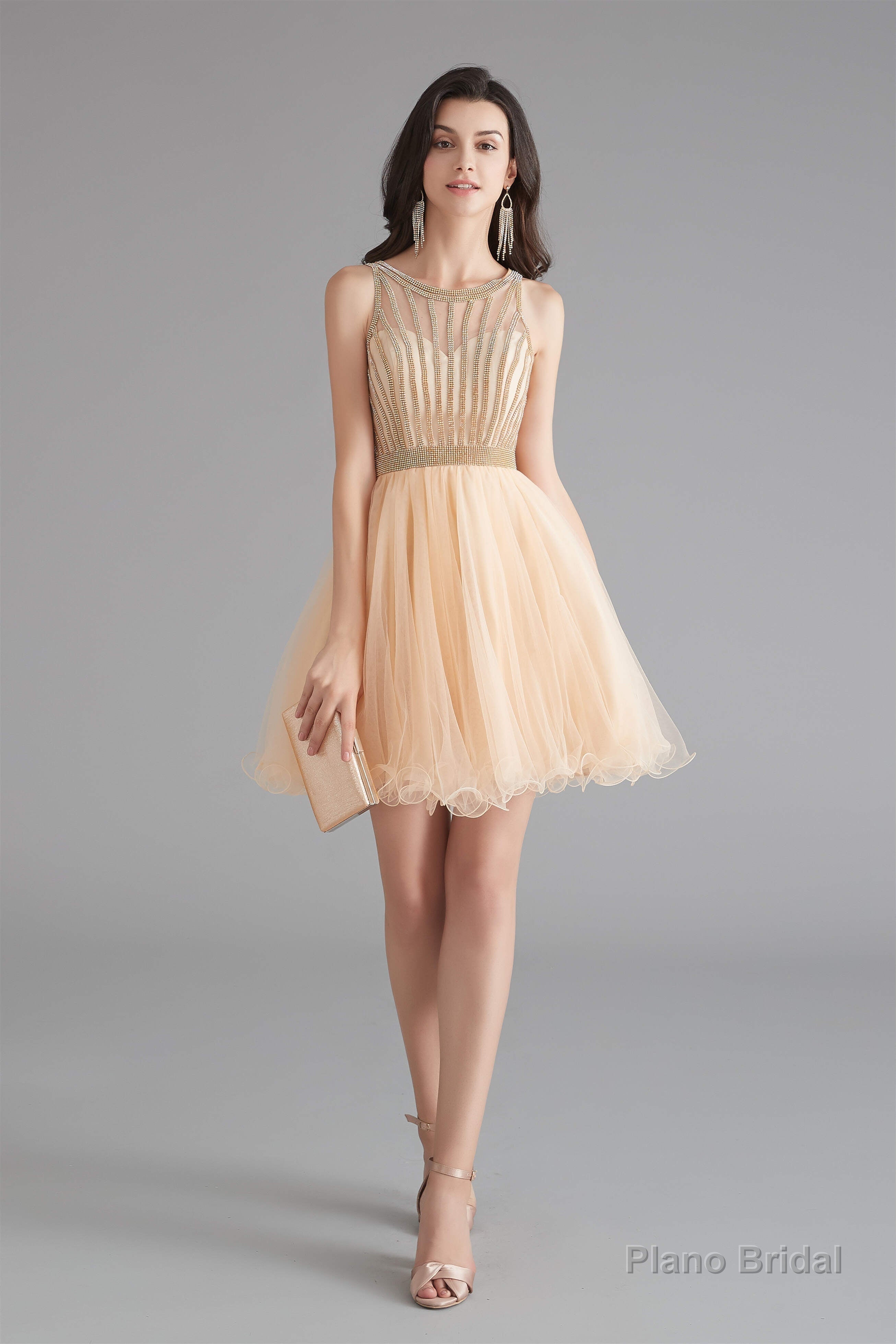 A-Line Tulle Sleeveless Beading Homecoming Dresses