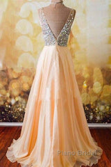 Champagne A-Line  V Neck Chiffon Long Formal Prom Dresses, Formal Dresses