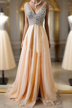 Champagne A-Line  V Neck Chiffon Long Formal Prom Dresses, Formal Dresses
