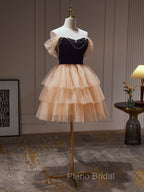 Champagne and Black Sweetheart Short Formal Dresses, Tulle Homecoming Dresses