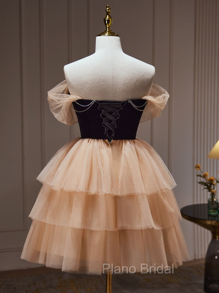 Champagne and Black Sweetheart Short Formal Dresses, Tulle Homecoming Dresses