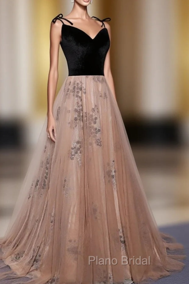 Champagne and Black Vevet Long Party Dresess, Straps Long Formal Dresses Main image