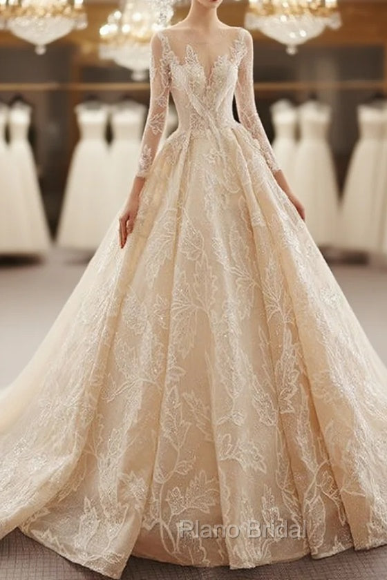 Champagne Ball Gown Lace Long Sleeve Beading Wedding Dresses With Long Train Main image