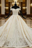 Champagne Ball Gown Satin Off the Shoulder Appliques Wedding Dresses