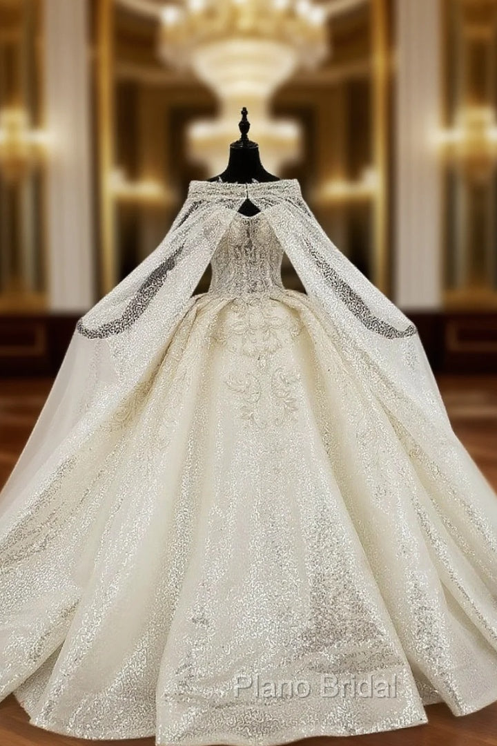 Champagne Ball Gown Sequins Sweetheart Beading Wedding Dresses With Shawl Main image