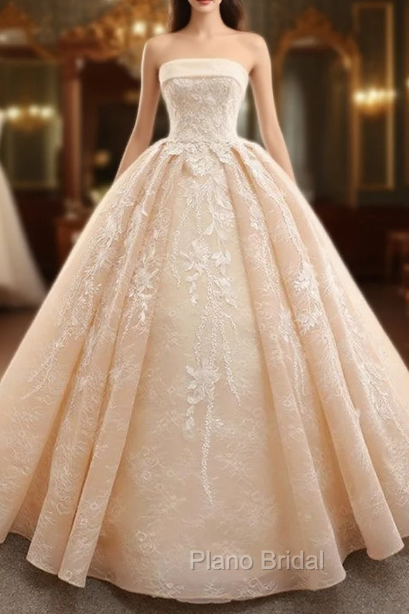 Champagne Ball Gown Strapless Lace Floor Length Wedding Dresses Main image
