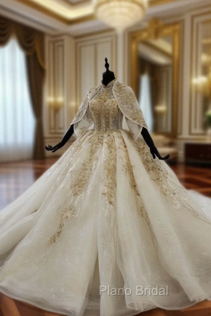 Champagne Ball Gown Tulle Appliques High Neck Short Sleeve Wedding Dresses