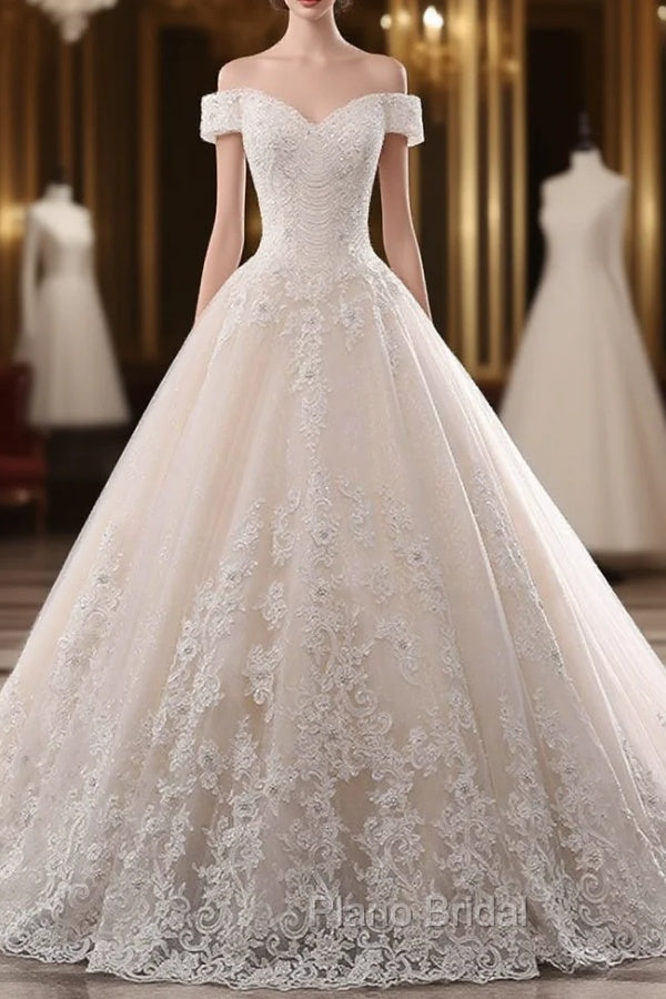 Champagne Ball Gown Tulle Appliques Off The Shoulder Wedding Dresses Main image