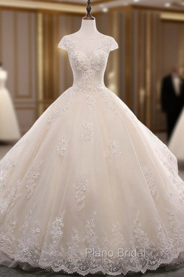 Champagne Ball Gown Tulle Beading Backless Wedding Dresses