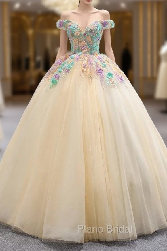 Champagne Ball Gown Tulle Colorful Appliques Formal Prom Dresses