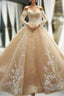 Champagne Ball Gown Tulle Lace Appliques Off The Shoulder Long Sleeve Formal Prom Dresses