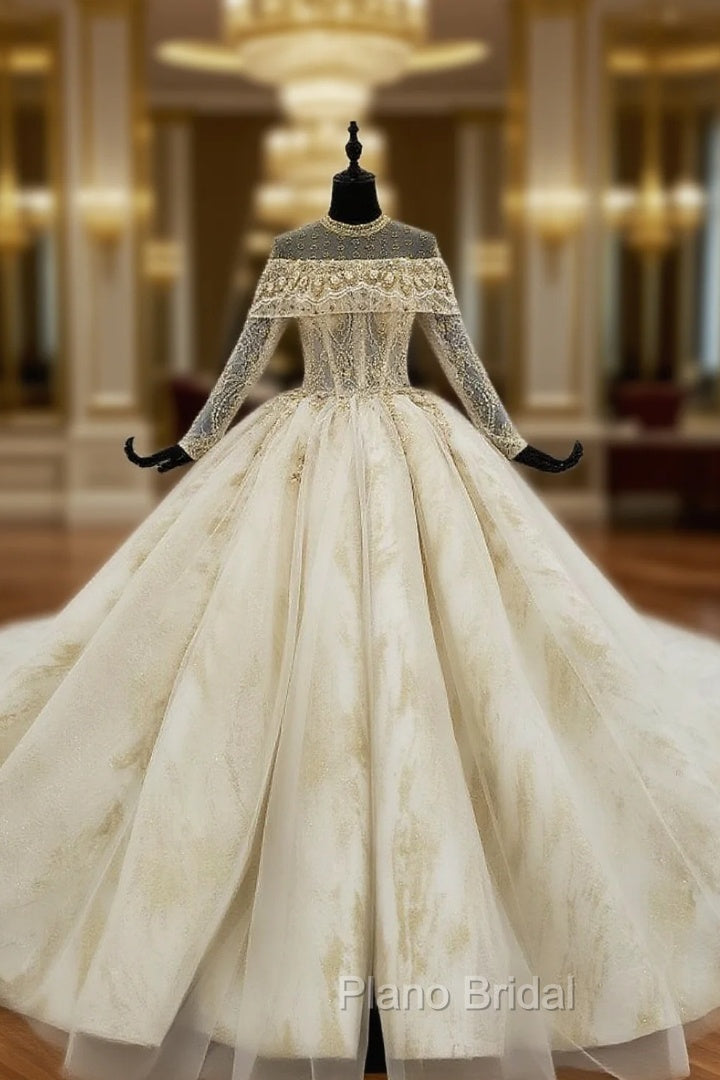 Champagne Ball Gown Tulle Lace High Neck Long Sleeve Backless Wedding Dressesackless Wedding Dresses Main image