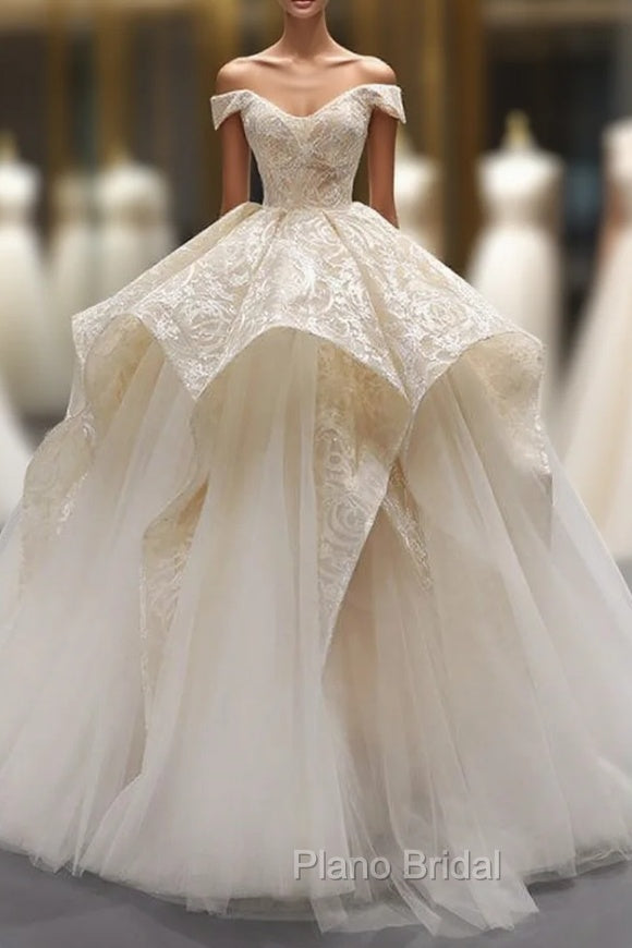 Champagne Ball Gown Tulle Lace Off The Shoulder Formal Prom Dresses Main image