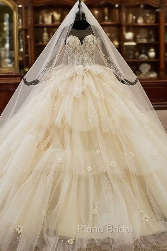 Champagne Ball Gown Tulle Long Sleeve Tiers Beading Wedding Dresses