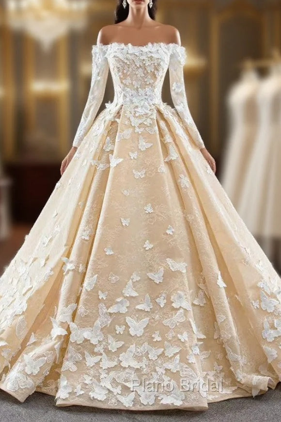 Champagne Ball Gown Tulle Off the Shoulder Appliques Long Sleeve Formal Prom Dresses Main image