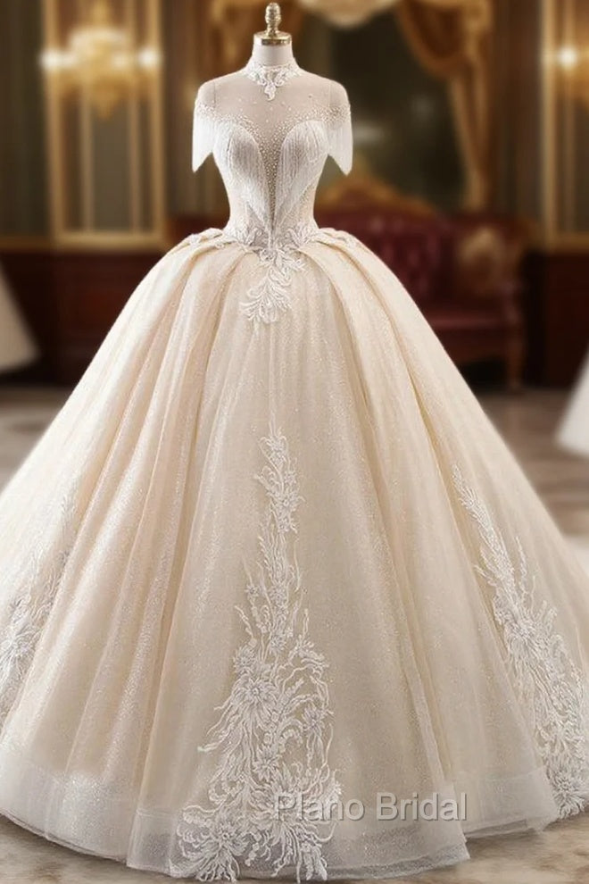 Champagne Ball Gown Tulle Sequins High Neck Backless Wedding Dresses