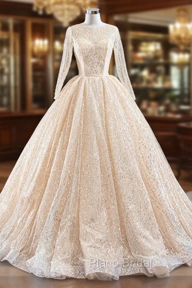 Champagne Ball Gown Tulle Sequins Long Sleeve Formal Prom Dresses Main image