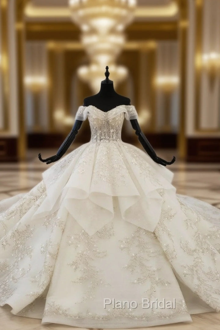 Champagne Ball Gown Tulle Sequins Off the Shoulder Appliques Beading Luxury Wedding Dresses Main image