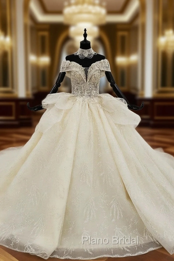 Champagne Ball Gown Tulle Sequins Off the Shoulder Wedding Dresses With Beading Sequins Main image