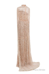 Grey Beading Prom Dresses Sweep Train High Neck Zipper Sleeveless Evening Dresses
