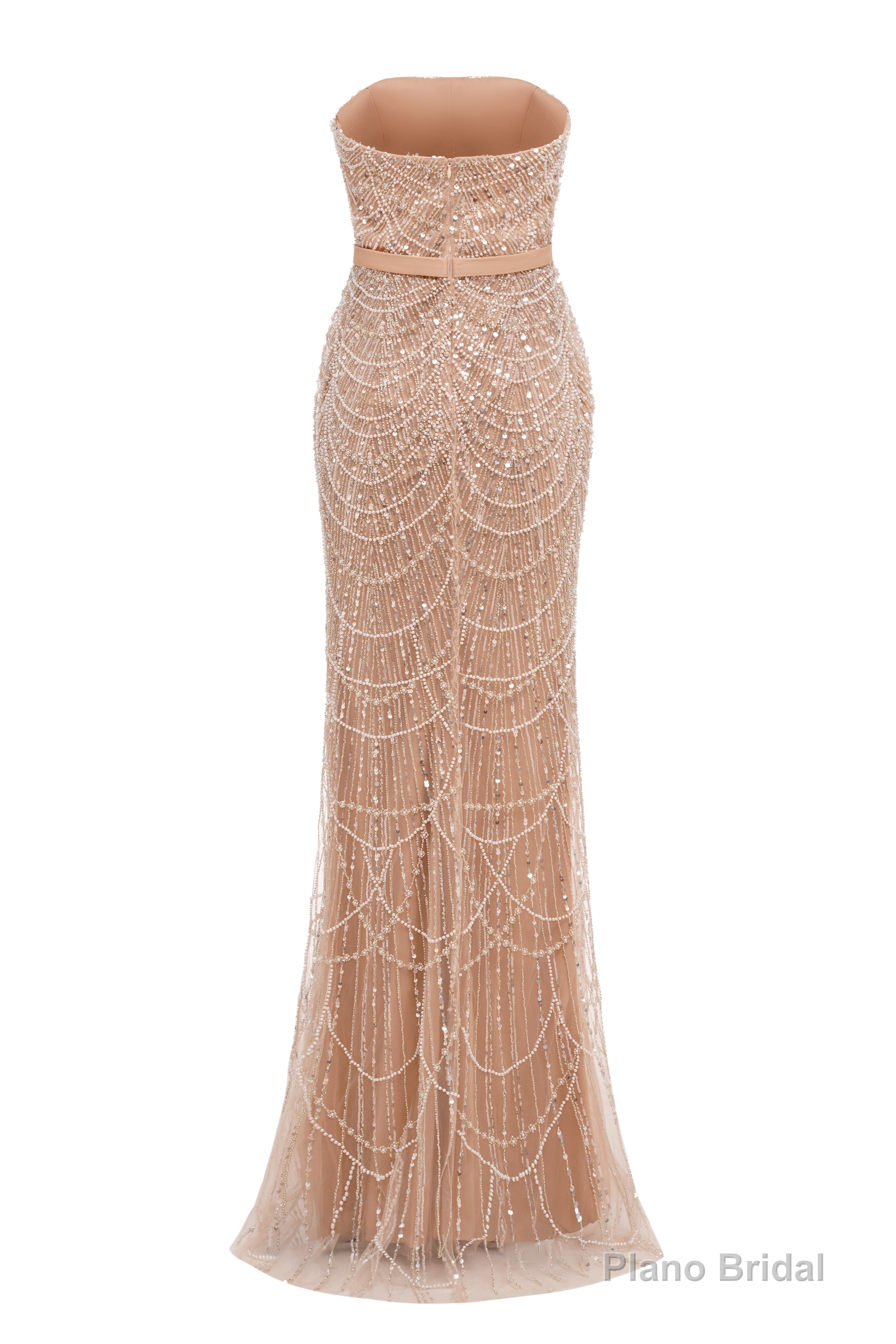 Pearl Pink Beading Prom Dresses Sweep Train High Neck Zipper Sleeveless Evening Dresses