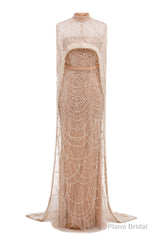 Brown Beading Prom Dresses Sweep Train High Neck Zipper Sleeveless Evening Dresses
