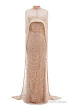 Champagne Beading Prom Dresses Sweep Train High Neck Zipper Sleeveless Evening Dresses