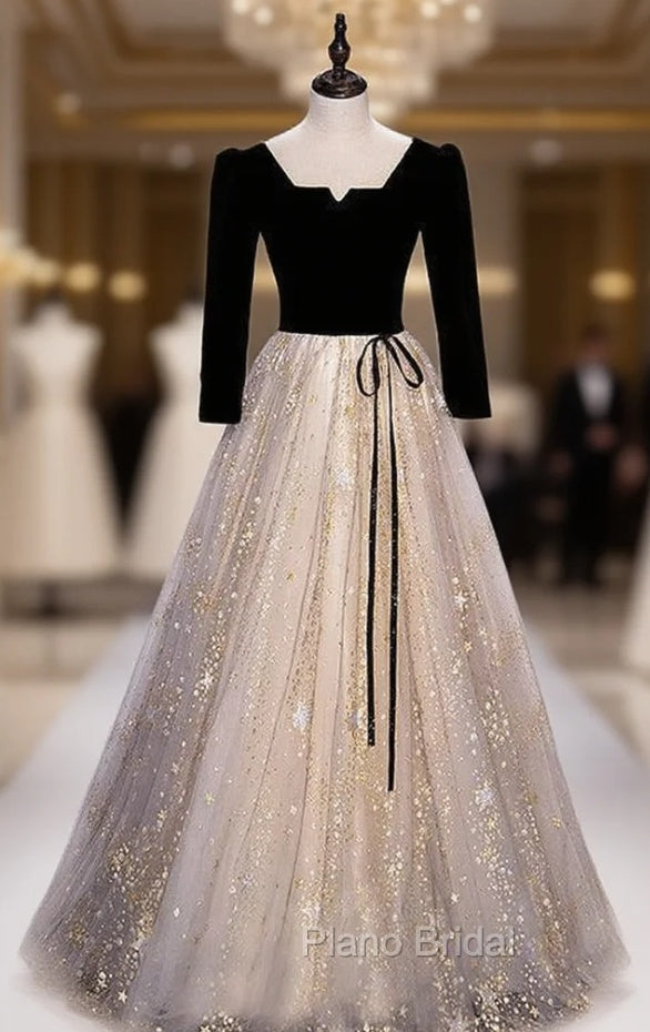 Champagne Black Tulle Short Sleeve Sequins Formal Prom Dresses